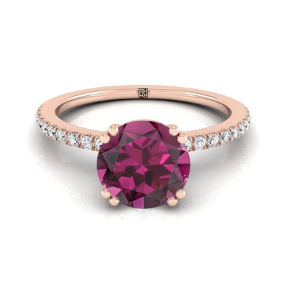 14K Rose Gold Round Brilliant Garnet Simple French Pave Double Claw Prong Diamond Engagement Ring -1/6ctw