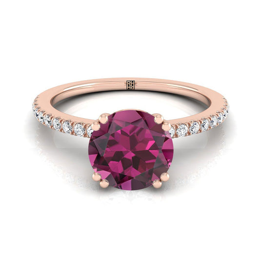 14K Rose Gold Round Brilliant Garnet Simple French Pave Double Claw Prong Diamond Engagement Ring -1/6ctw