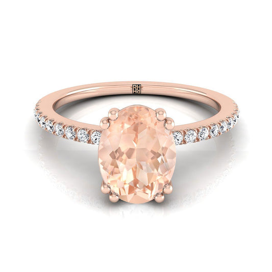 14K Rose Gold Oval Morganite Simple French Pave Double Claw Prong Diamond Engagement Ring -1/6ctw