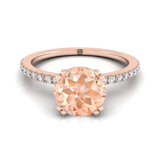 14K Rose Gold Round Brilliant Morganite Simple French Pave Double Claw Prong Diamond Engagement Ring -1/6ctw