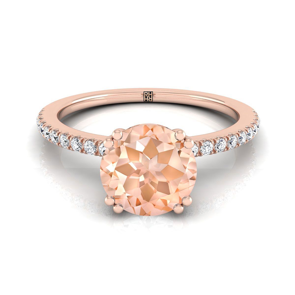 14K Rose Gold Round Brilliant Morganite Simple French Pave Double Claw Prong Diamond Engagement Ring -1/6ctw