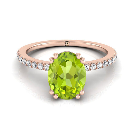 14K Rose Gold Oval Peridot Simple French Pave Double Claw Prong Diamond Engagement Ring -1/6ctw