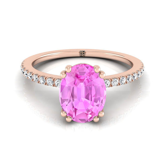 14K Rose Gold Oval Pink Sapphire Simple French Pave Double Claw Prong Diamond Engagement Ring -1/6ctw