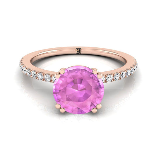 14K Rose Gold Round Brilliant Pink Sapphire Simple French Pave Double Claw Prong Diamond Engagement Ring -1/6ctw
