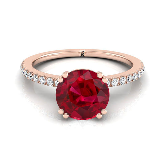 14K Rose Gold Round Brilliant Ruby Simple French Pave Double Claw Prong Diamond Engagement Ring -1/6ctw