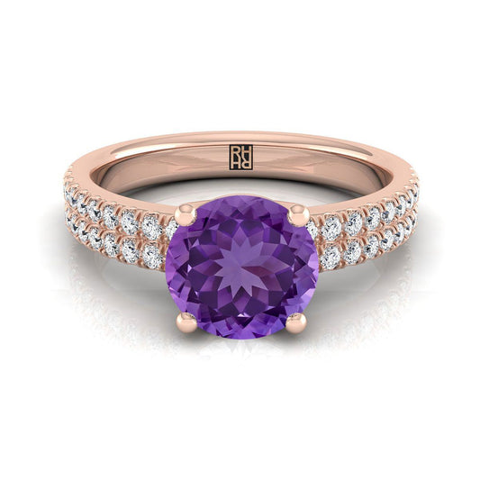 14K Rose Gold Round Brilliant Amethyst Double Pave Diamond Row Engagement Ring -1/4ctw