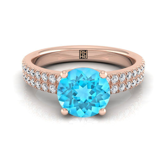 14K Rose Gold Round Brilliant Swiss Blue Topaz Double Pave Diamond Row Engagement Ring -1/4ctw