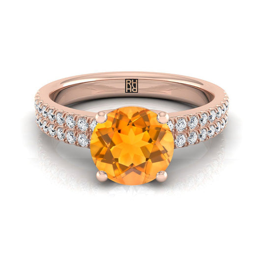 14K Rose Gold Round Brilliant Citrine Double Pave Diamond Row Engagement Ring -1/4ctw