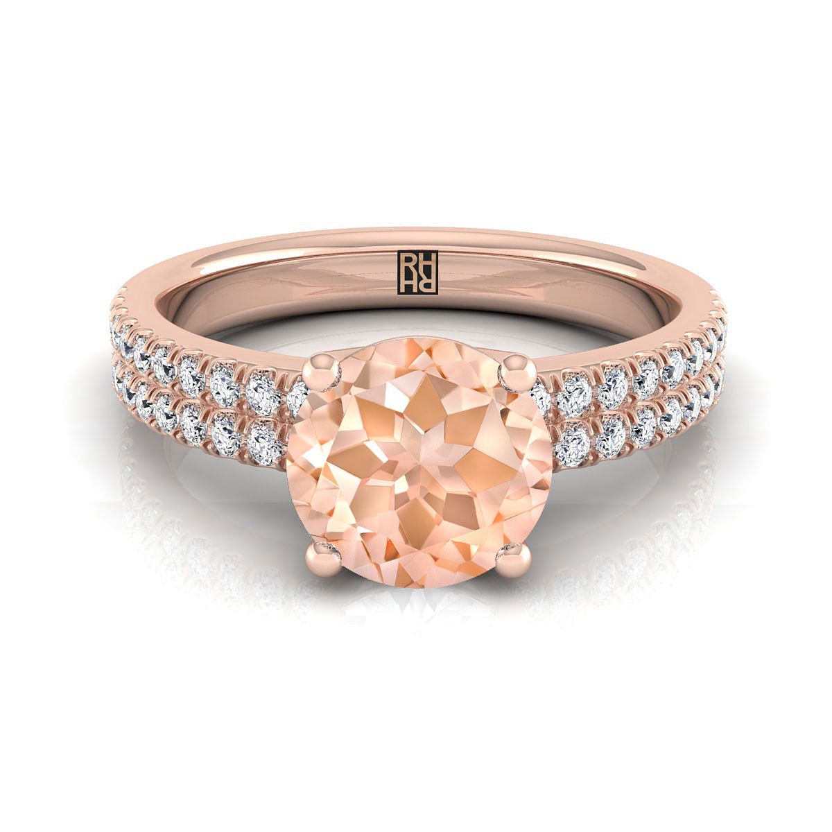 14K Rose Gold Round Brilliant Morganite Double Pave Diamond Row Engagement Ring -1/4ctw