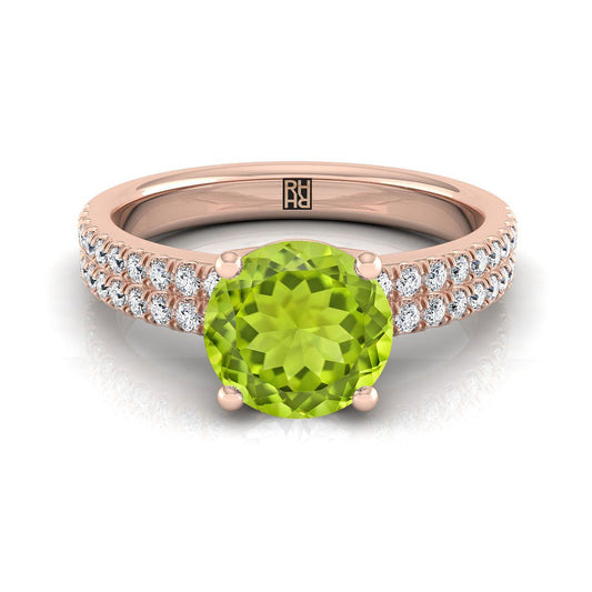 14K Rose Gold Round Brilliant Peridot Double Pave Diamond Row Engagement Ring -1/4ctw