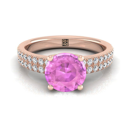 14K Rose Gold Round Brilliant Pink Sapphire Double Pave Diamond Row Engagement Ring -1/4ctw
