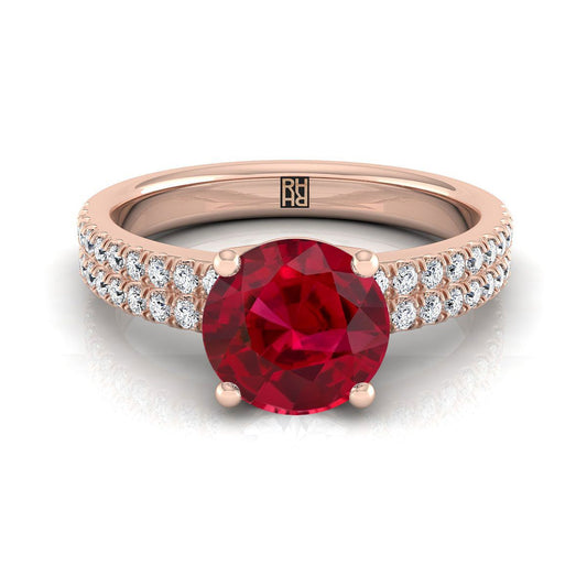 14K Rose Gold Round Brilliant Ruby Double Pave Diamond Row Engagement Ring -1/4ctw