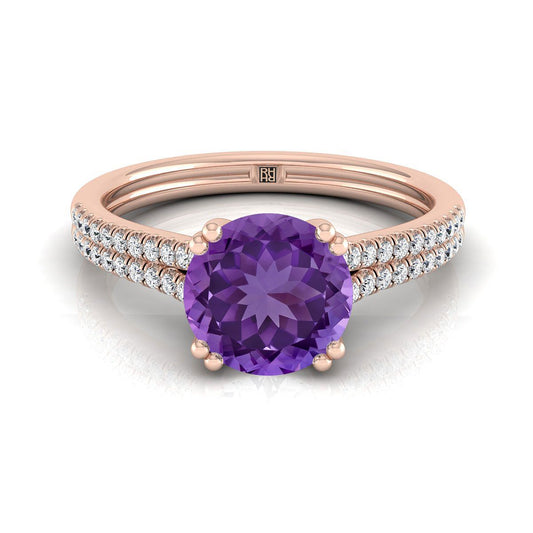 14K Rose Gold Round Brilliant Amethyst Double Row Double Prong French Pave Diamond Engagement Ring -1/6ctw