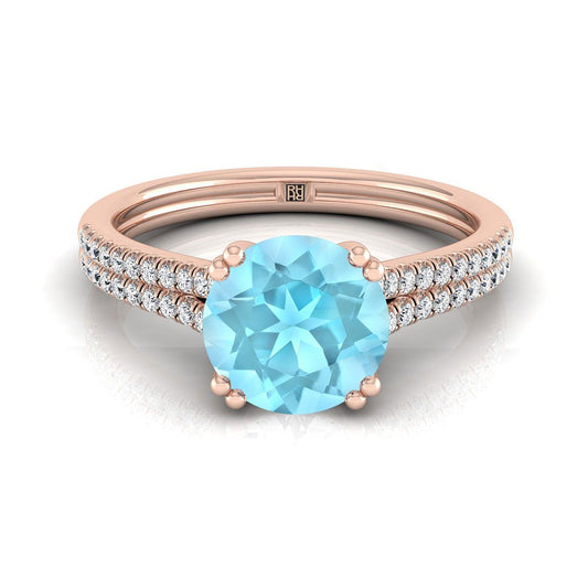 14K Rose Gold Round Brilliant Aquamarine Double Row Double Prong French Pave Diamond Engagement Ring -1/6ctw