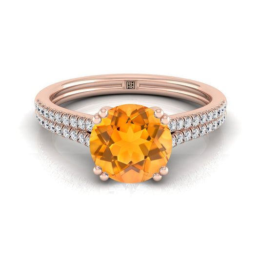 14K Rose Gold Round Brilliant Citrine Double Row Double Prong French Pave Diamond Engagement Ring -1/6ctw