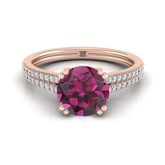 14K Rose Gold Round Brilliant Garnet Double Row Double Prong French Pave Diamond Engagement Ring -1/6ctw