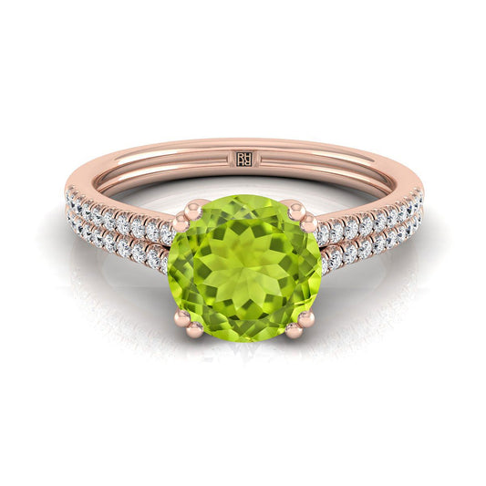 14K Rose Gold Round Brilliant Peridot Double Row Double Prong French Pave Diamond Engagement Ring -1/6ctw