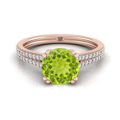 14K Rose Gold Round Brilliant Peridot Double Row Double Prong French Pave Diamond Engagement Ring -1/6ctw