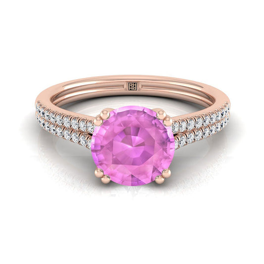 14K Rose Gold Round Brilliant Pink Sapphire Double Row Double Prong French Pave Diamond Engagement Ring -1/6ctw