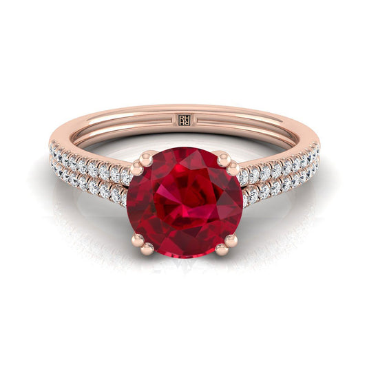 14K Rose Gold Round Brilliant Ruby Double Row Double Prong French Pave Diamond Engagement Ring -1/6ctw