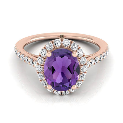 14K Rose Gold Oval Amethyst Petite Halo French Diamond Pave Engagement Ring -3/8ctw