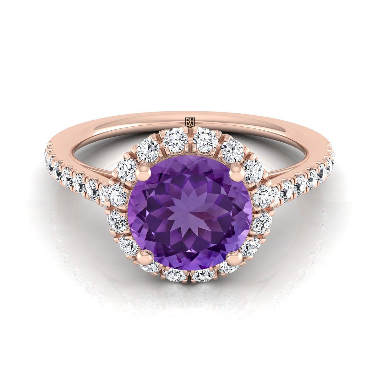 14K Rose Gold Round Brilliant Amethyst Petite Halo French Diamond Pave Engagement Ring -3/8ctw