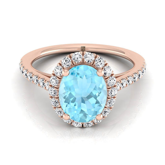 14K Rose Gold Oval Aquamarine Petite Halo French Diamond Pave Engagement Ring -3/8ctw