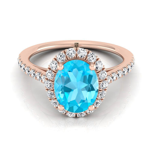14K Rose Gold Oval Swiss Blue Topaz Petite Halo French Diamond Pave Engagement Ring -3/8ctw