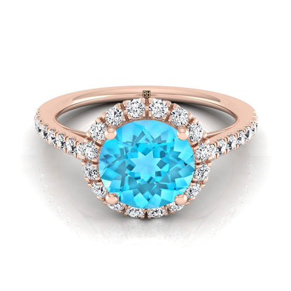 14K Rose Gold Round Brilliant Swiss Blue Topaz Petite Halo French Diamond Pave Engagement Ring -3/8ctw