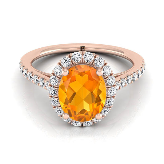 14K Rose Gold Oval Citrine Petite Halo French Diamond Pave Engagement Ring -3/8ctw