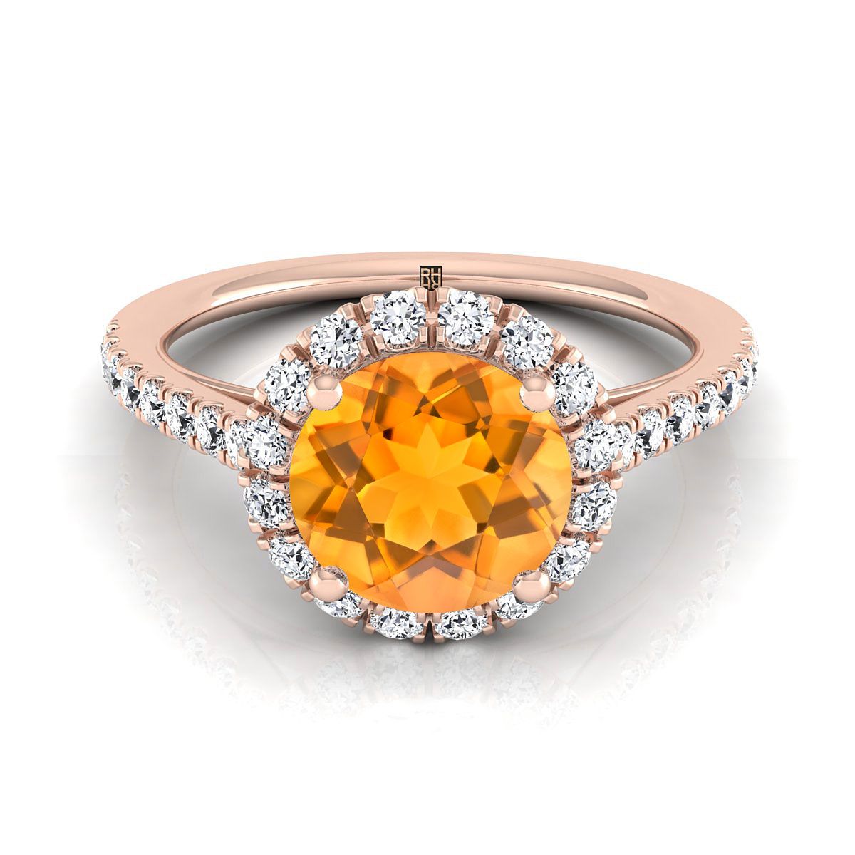 14K Rose Gold Round Brilliant Citrine Petite Halo French Diamond Pave Engagement Ring -3/8ctw