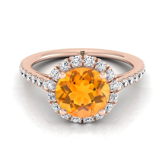 14K Rose Gold Round Brilliant Citrine Petite Halo French Diamond Pave Engagement Ring -3/8ctw