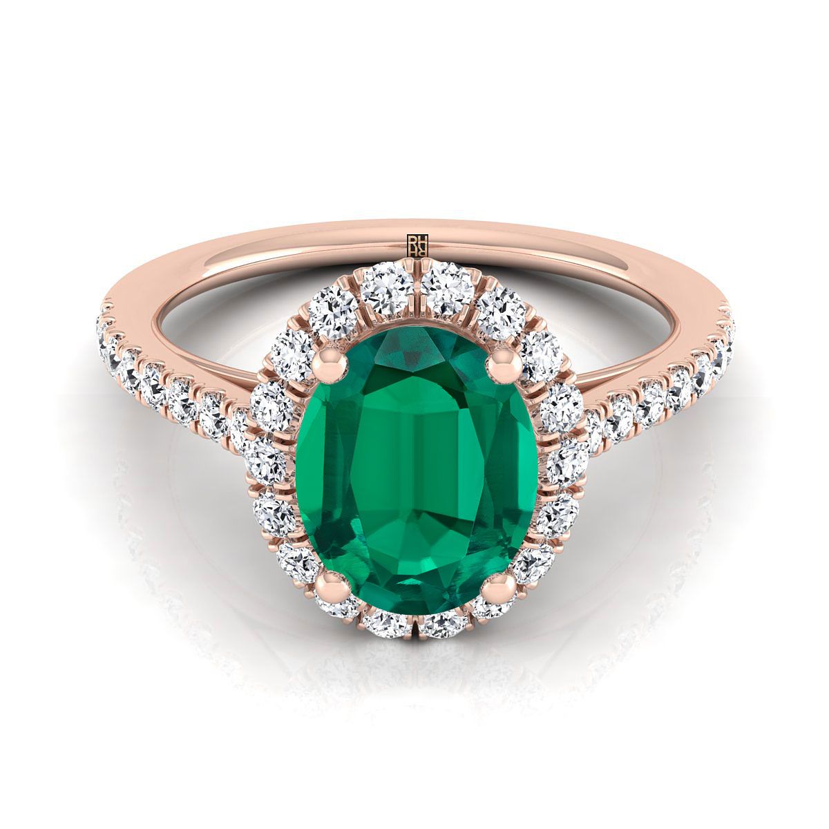 14K Rose Gold Oval Emerald Petite Halo French Diamond Pave Engagement Ring -3/8ctw