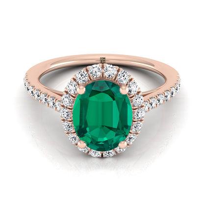 14K Rose Gold Oval Emerald Petite Halo French Diamond Pave Engagement Ring -3/8ctw