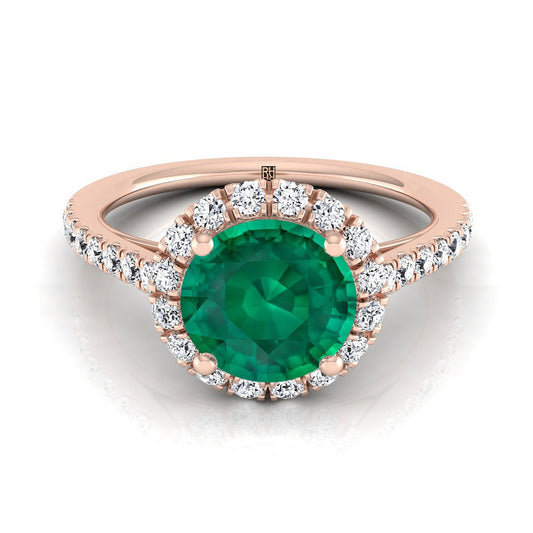 14K Rose Gold Round Brilliant Emerald Petite Halo French Diamond Pave Engagement Ring -3/8ctw