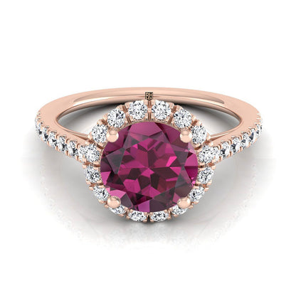 14K Rose Gold Round Brilliant Garnet Petite Halo French Diamond Pave Engagement Ring -3/8ctw