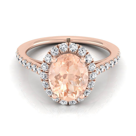 14K Rose Gold Oval Morganite Petite Halo French Diamond Pave Engagement Ring -3/8ctw