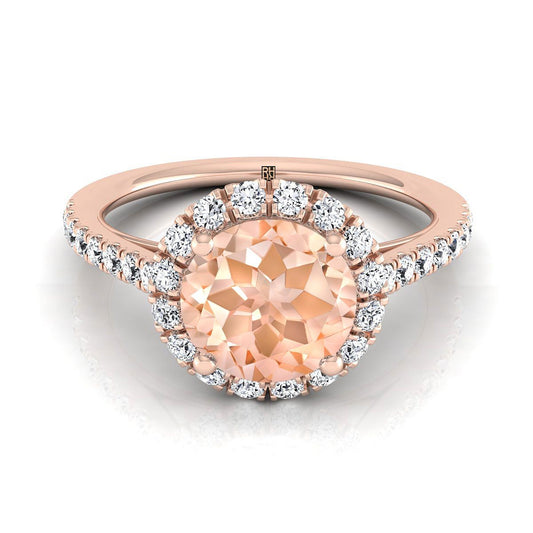 14K Rose Gold Round Brilliant Morganite Petite Halo French Diamond Pave Engagement Ring -3/8ctw
