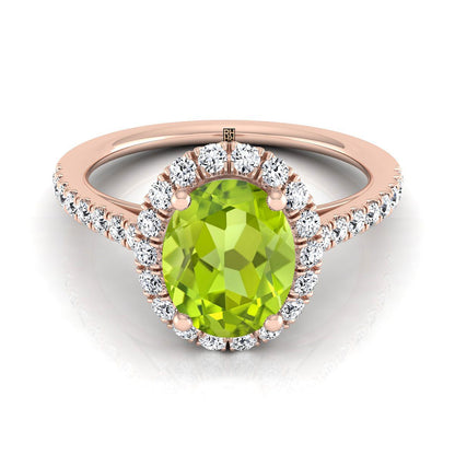 14K Rose Gold Oval Peridot Petite Halo French Diamond Pave Engagement Ring -3/8ctw