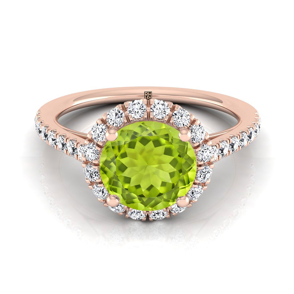 14K Rose Gold Round Brilliant Peridot Petite Halo French Diamond Pave Engagement Ring -3/8ctw