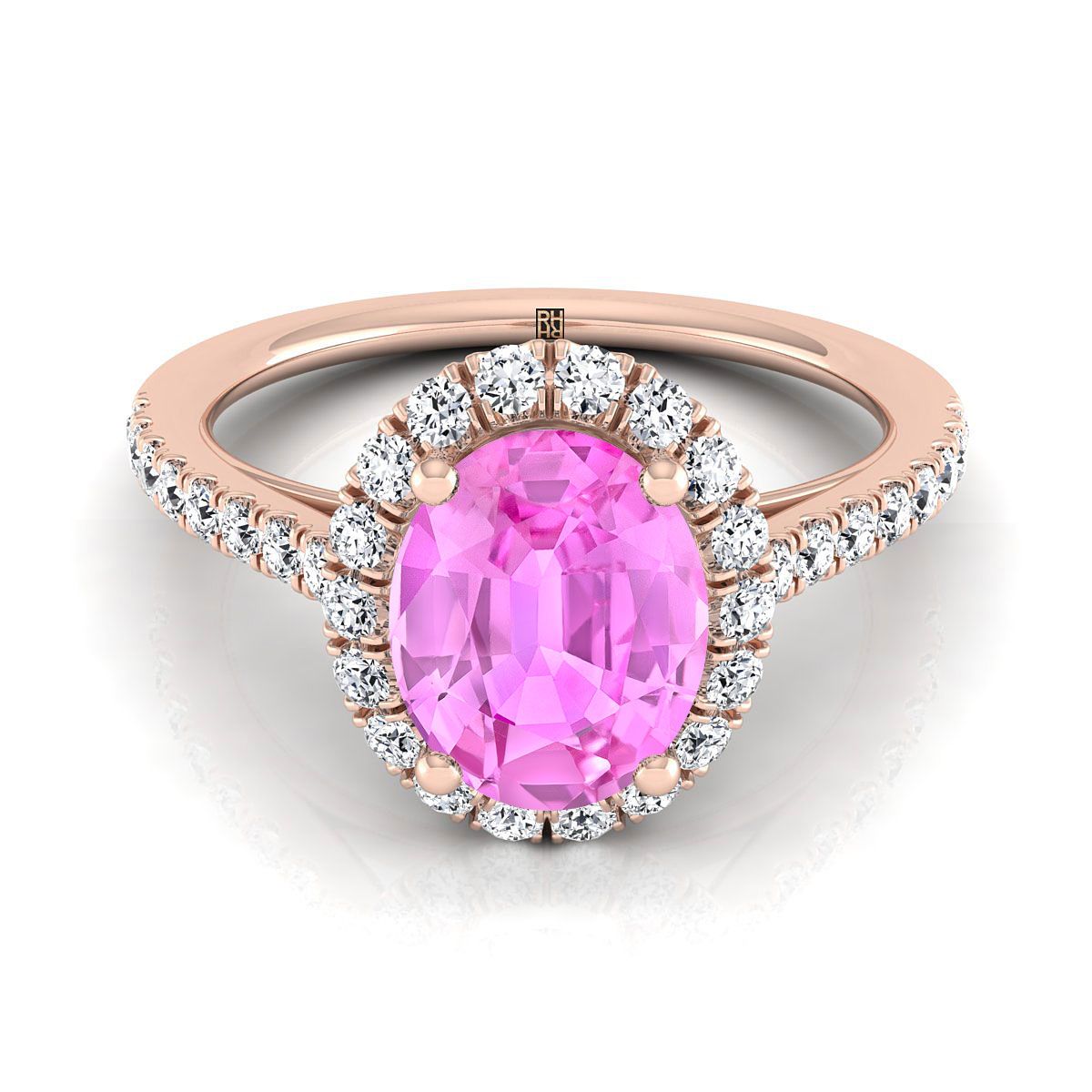 14K Rose Gold Oval Pink Sapphire Petite Halo French Diamond Pave Engagement Ring -3/8ctw