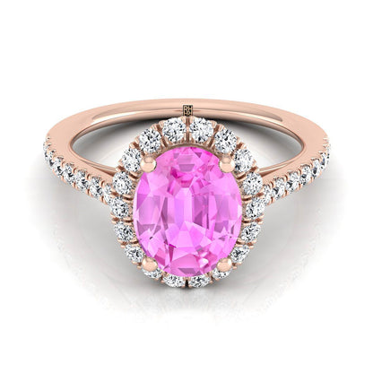 14K Rose Gold Oval Pink Sapphire Petite Halo French Diamond Pave Engagement Ring -3/8ctw