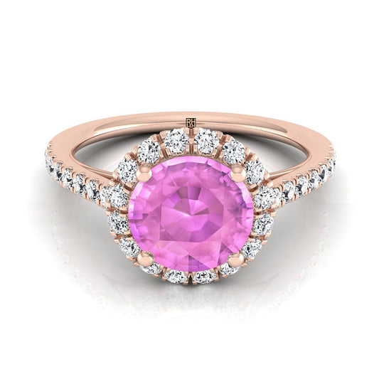 14K Rose Gold Round Brilliant Pink Sapphire Petite Halo French Diamond Pave Engagement Ring -3/8ctw