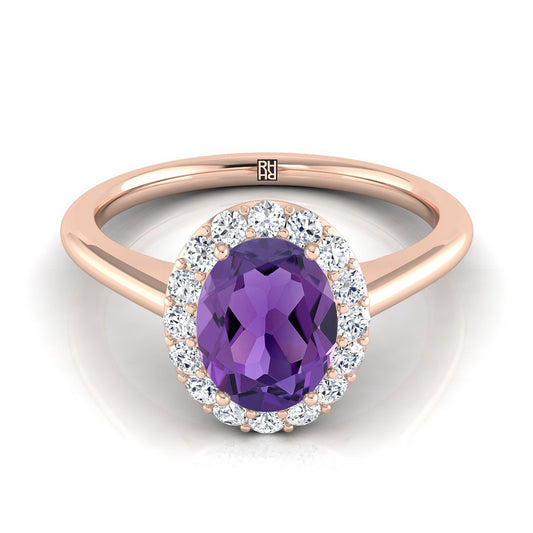 14K Rose Gold Oval Amethyst Shared Prong Diamond Halo Engagement Ring -1/5ctw