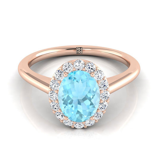 14K Rose Gold Oval Aquamarine Shared Prong Diamond Halo Engagement Ring -1/5ctw