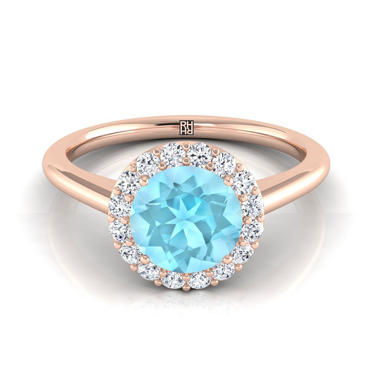 14K Rose Gold Round Brilliant Aquamarine Shared Prong Diamond Halo Engagement Ring -1/5ctw