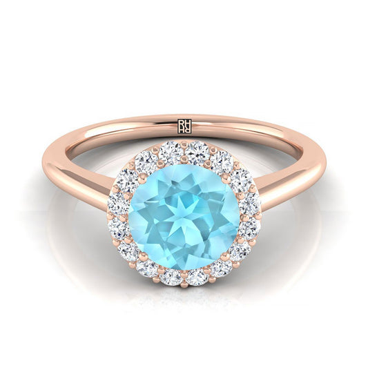 14K Rose Gold Round Brilliant Aquamarine Shared Prong Diamond Halo Engagement Ring -1/5ctw