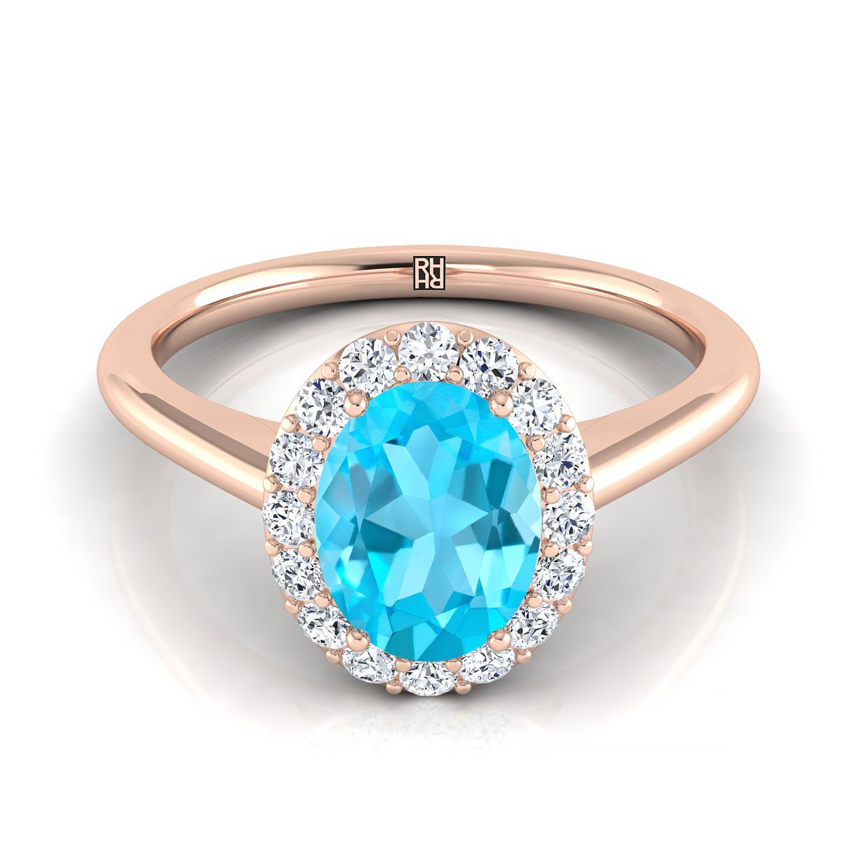 14K Rose Gold Oval Swiss Blue Topaz Shared Prong Diamond Halo Engagement Ring -1/5ctw
