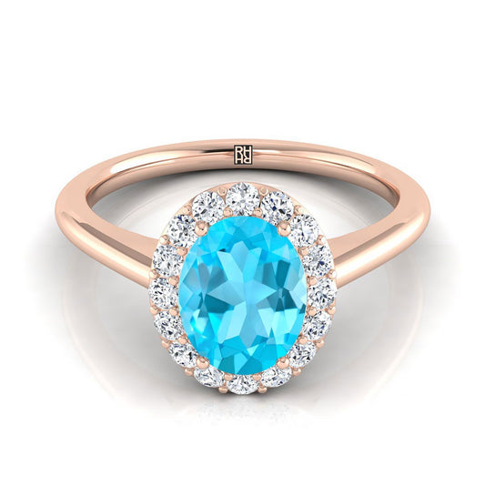 14K Rose Gold Oval Swiss Blue Topaz Shared Prong Diamond Halo Engagement Ring -1/5ctw