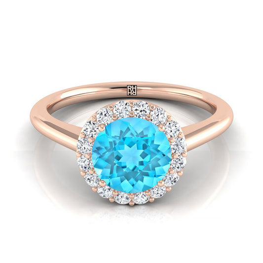 14K Rose Gold Round Brilliant Swiss Blue Topaz Shared Prong Diamond Halo Engagement Ring -1/5ctw